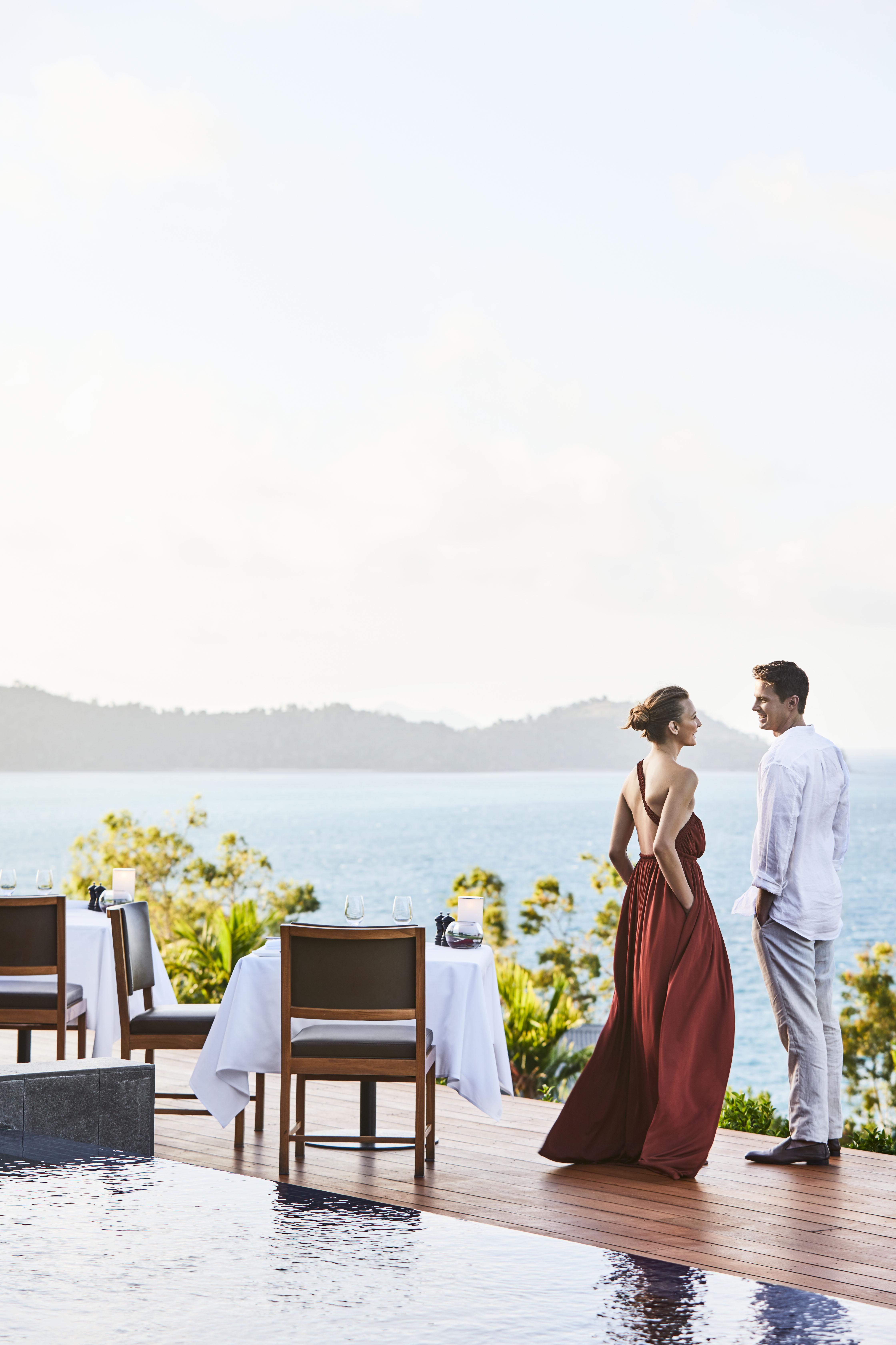 Long Pavilion fine dining restaurant overlooking Whitsunday Passage at sunset