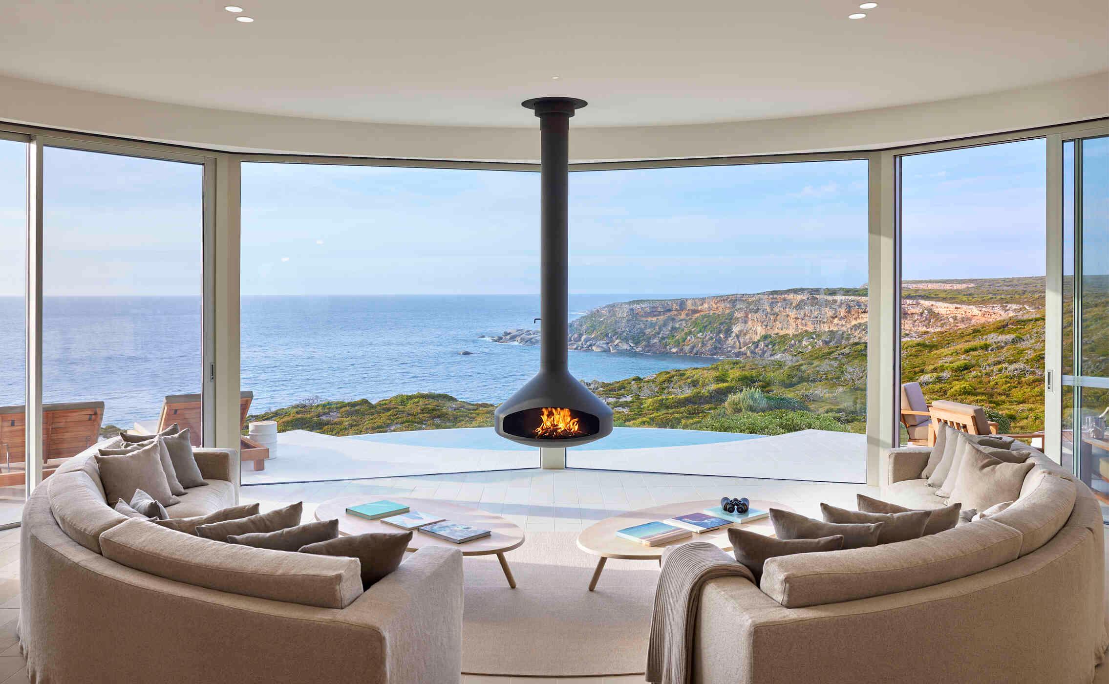 Osprey Pavilion curved living salon with fireplace