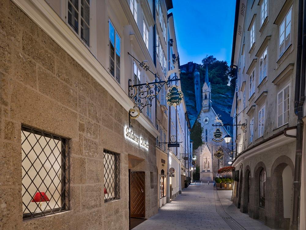 Hotel Goldener Hirsch historic facade on Getreidegasse Salzburg
