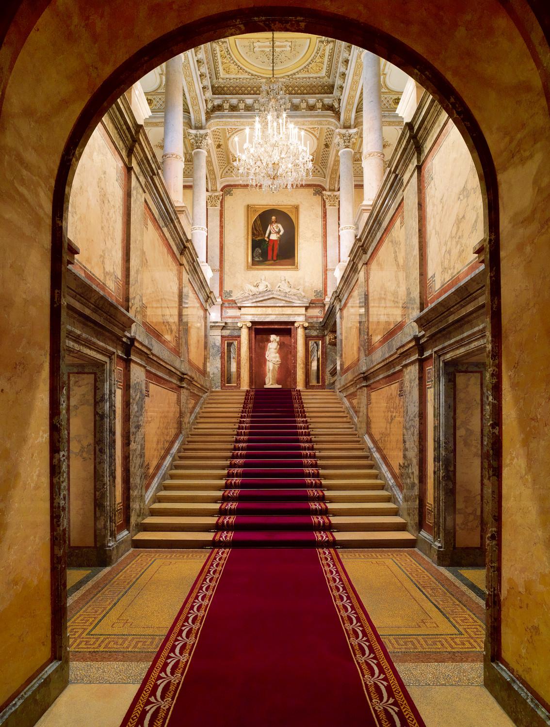 Hotel Imperial monumental marble Royal Staircase with antique statues and chandeliers