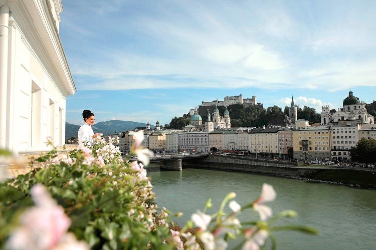 Hotel Sacher Salzburg historic riverfront facade on the Salzach River