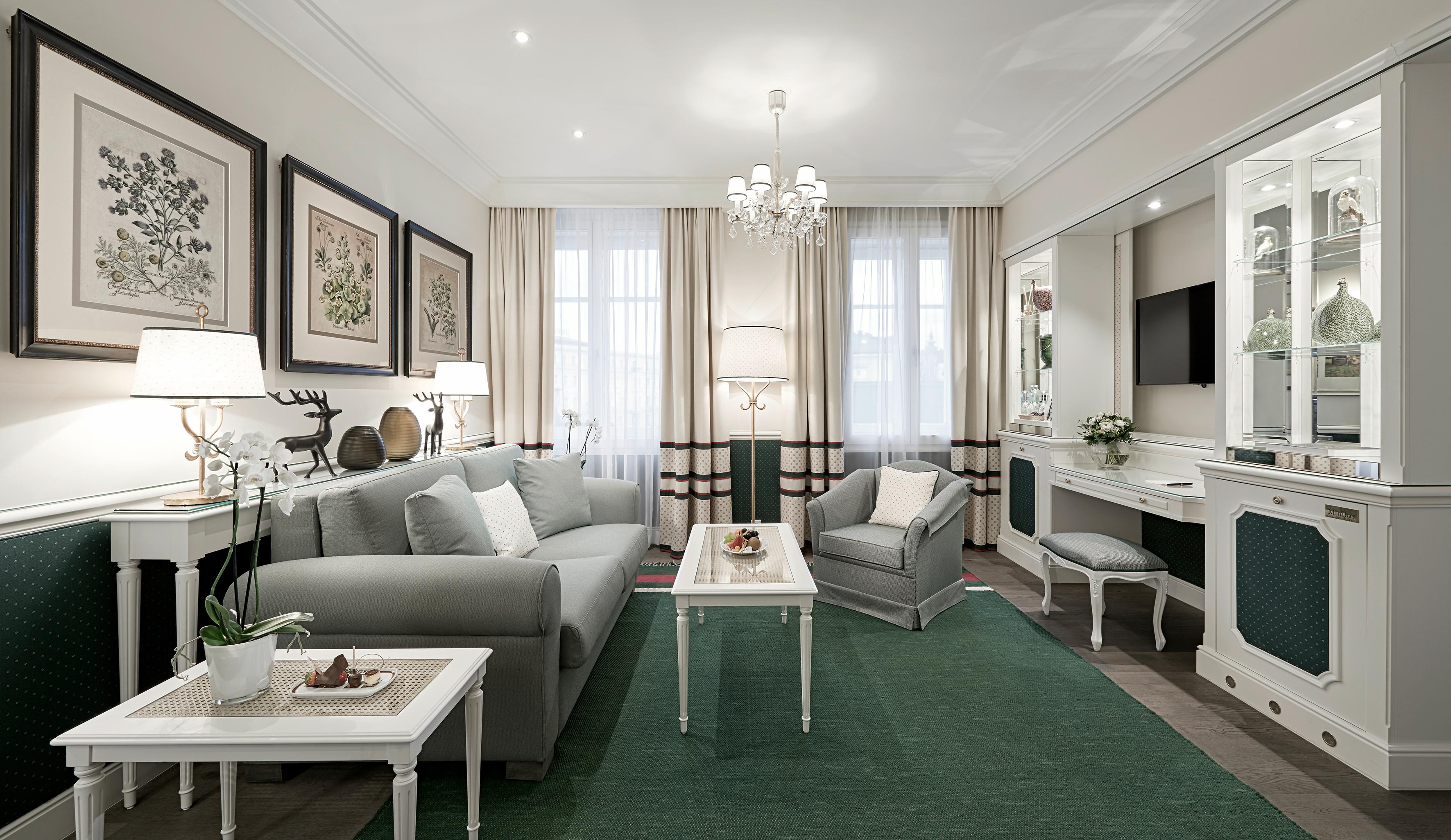 One Bedroom Suite featuring handcrafted woodwork, silk fabrics, and fortress views