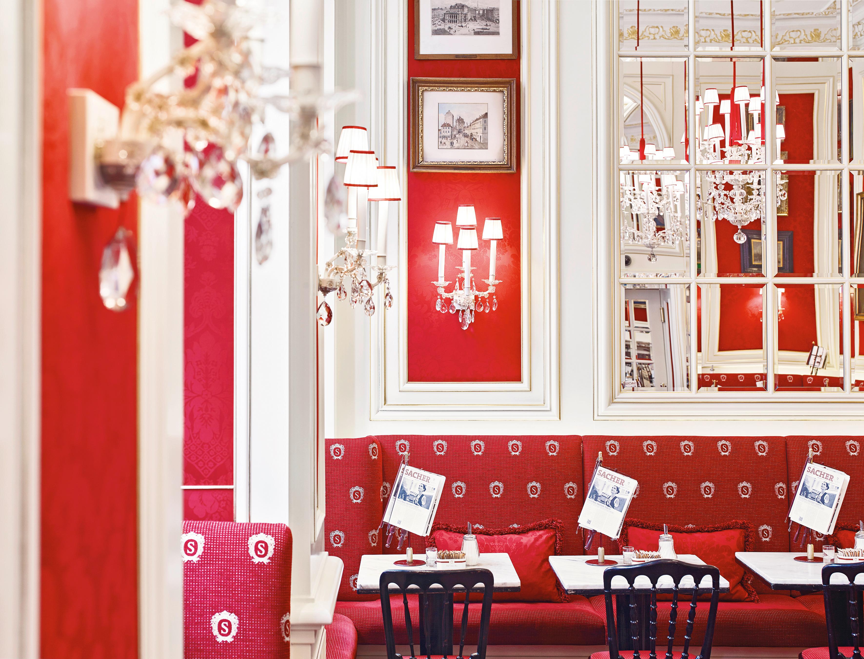 Café Sacher Wien historic salon serving coffee and Original Sacher-Torte