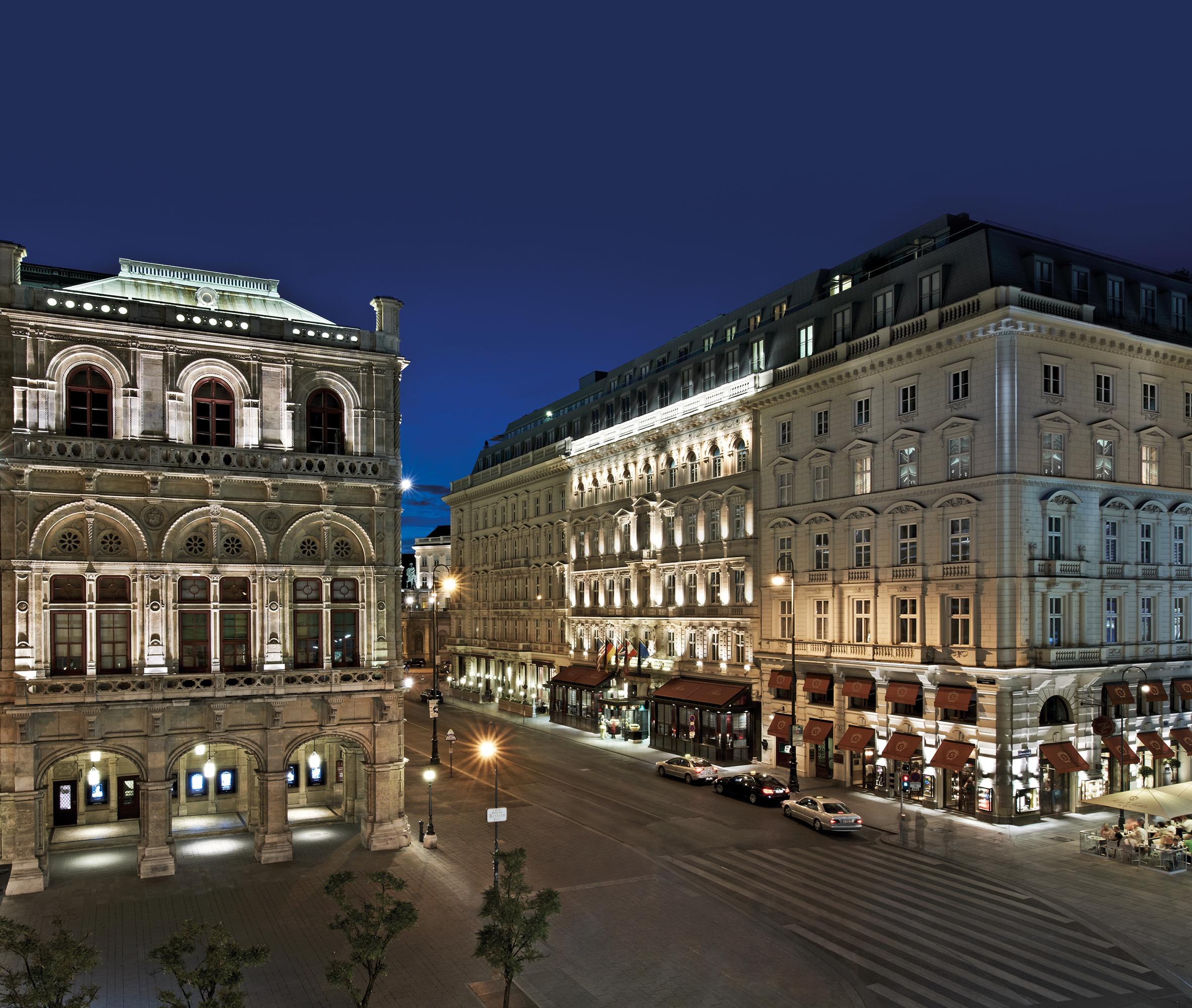 Hotel Sacher Wien historic illuminated facade opposite the Vienna State Opera