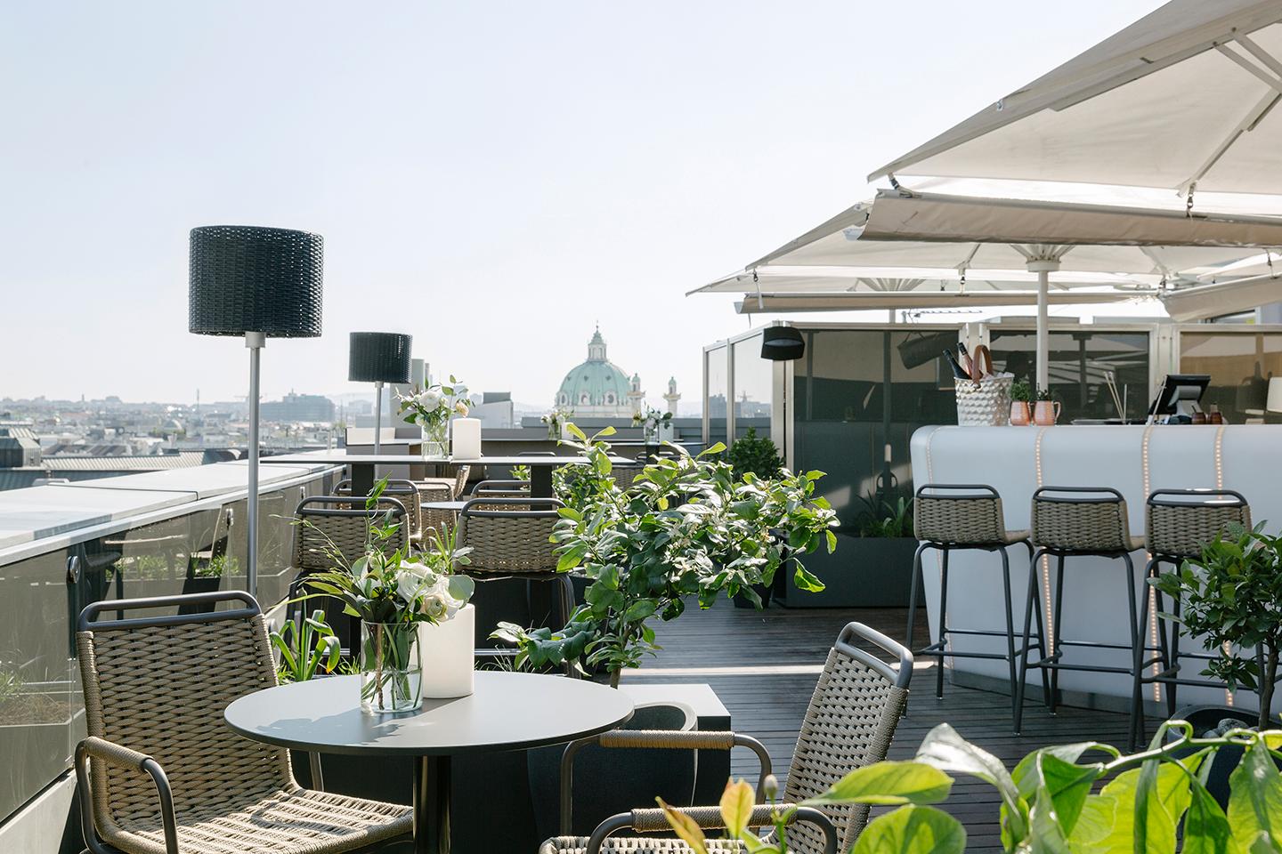 Atmosphere Rooftop Bar on the 8th floor overlooking the Vienna skyline and St. Stephen Cathedral