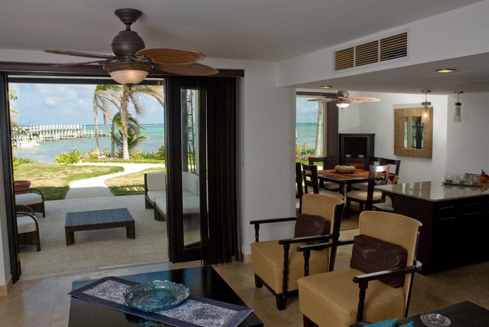Two-story Sea House living room overlooking private white sand beach and Caribbean Sea