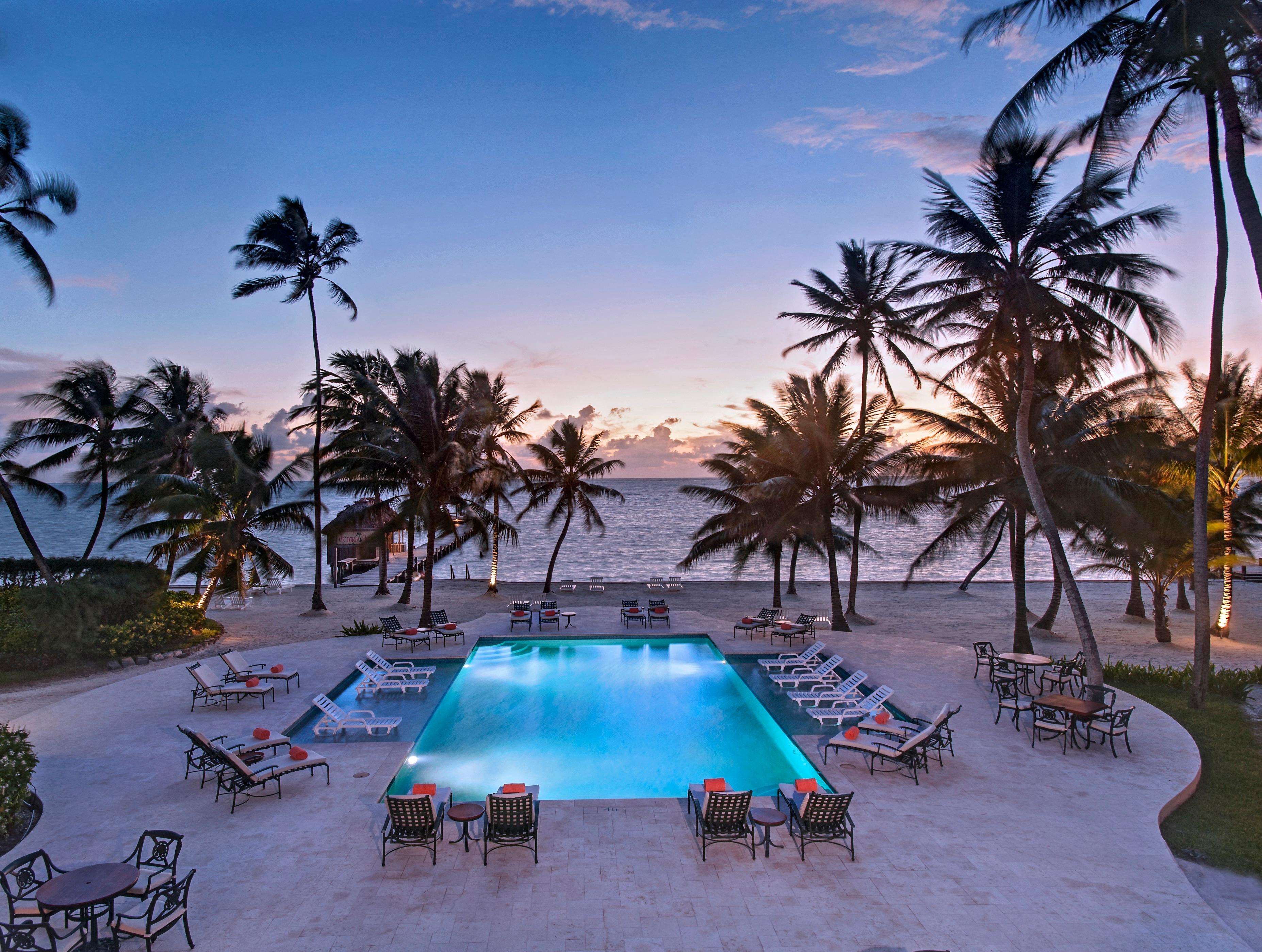 Freshwater guest pool bordered by lush coconut palms and calm azure waters