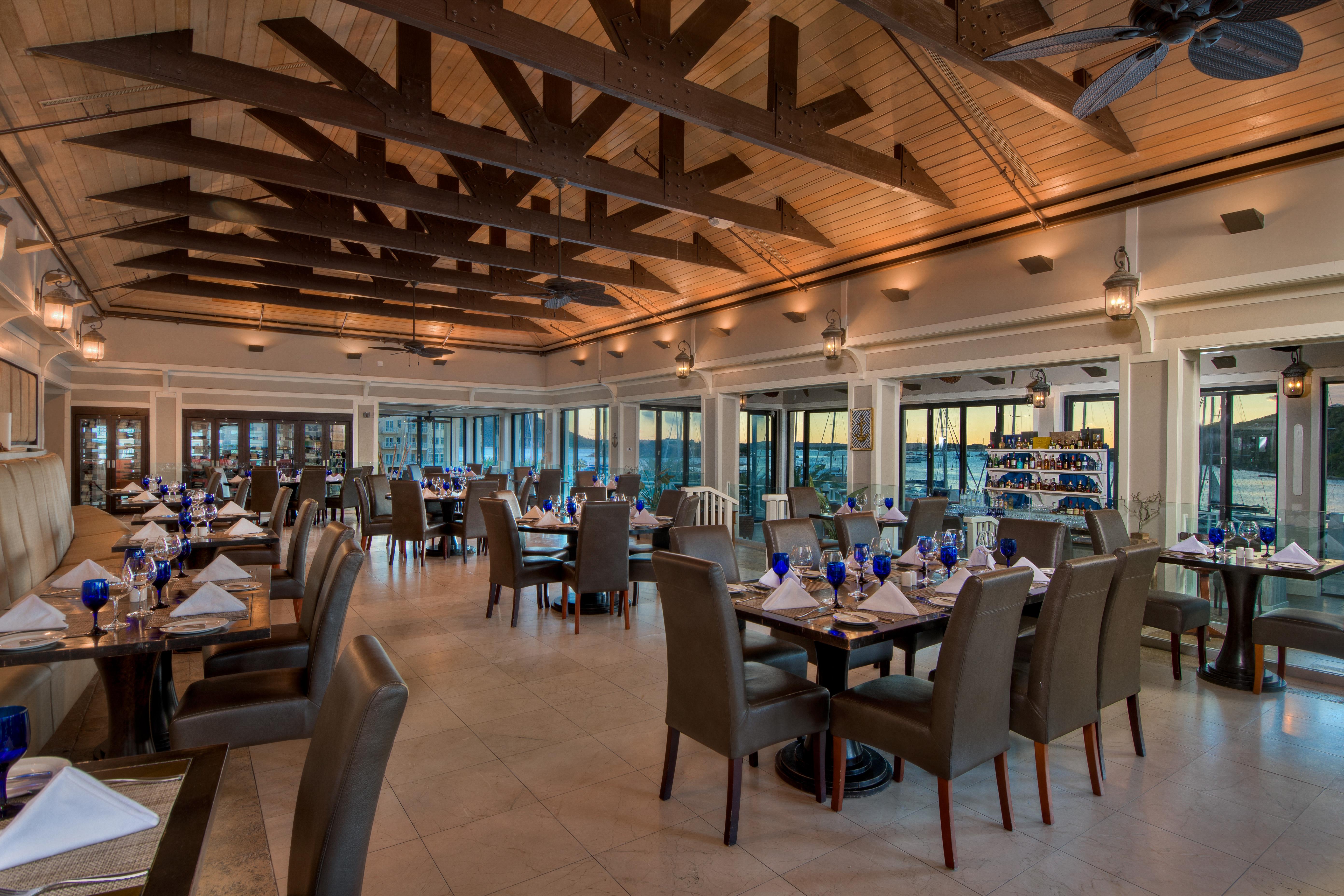 Cardamom and Co fine dining room overlooking the marina at Scrub Island