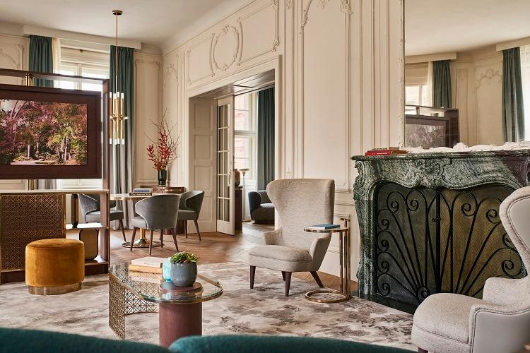 Sugar Palace Suite Salon with Marble Fireplace