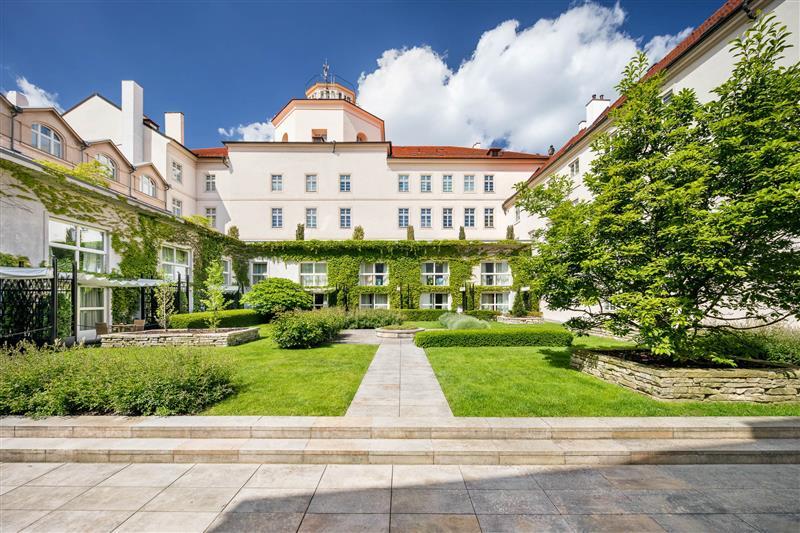 Tranquil monastery garden courtyard