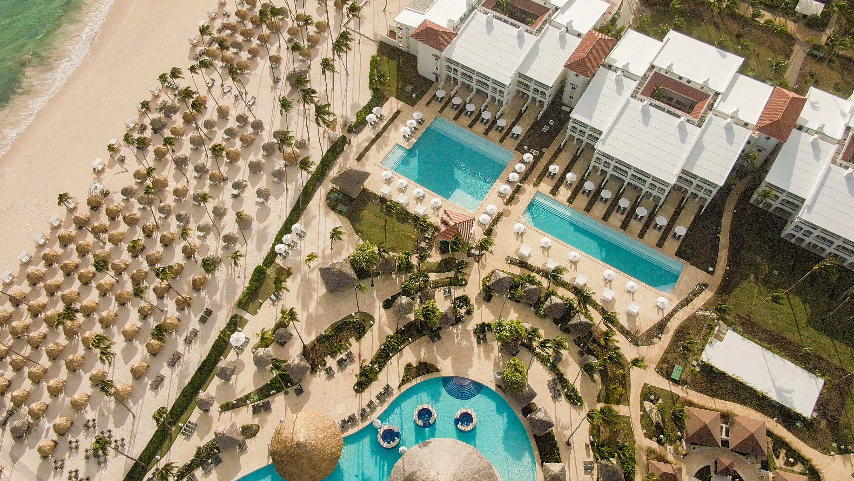 Paradisus Palma Real Resort aerial view of sparkling pools and BÃ¡varo Beach
