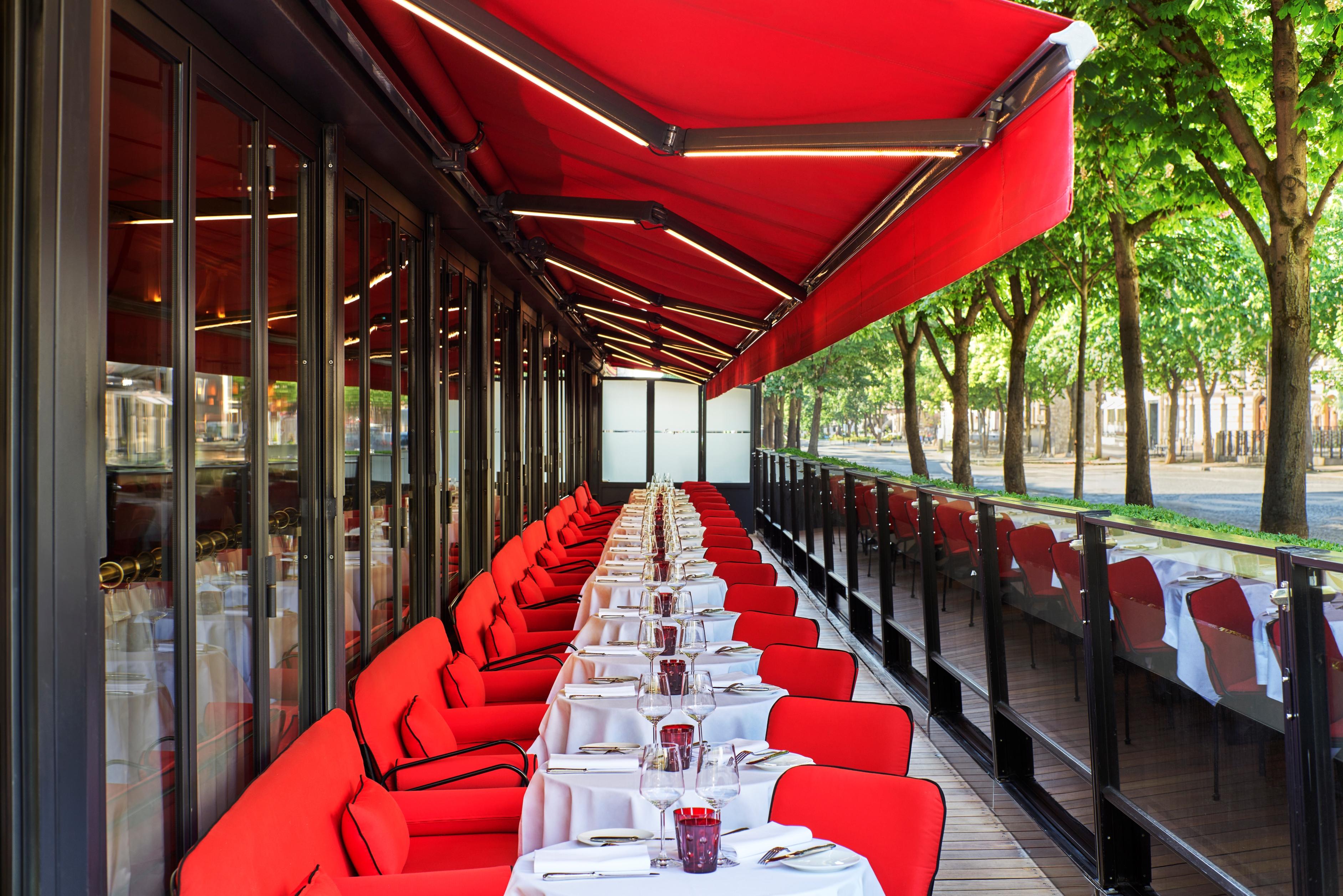 Historic Brasserie Fouquets red terrace on Avenue des Champs-Elysees