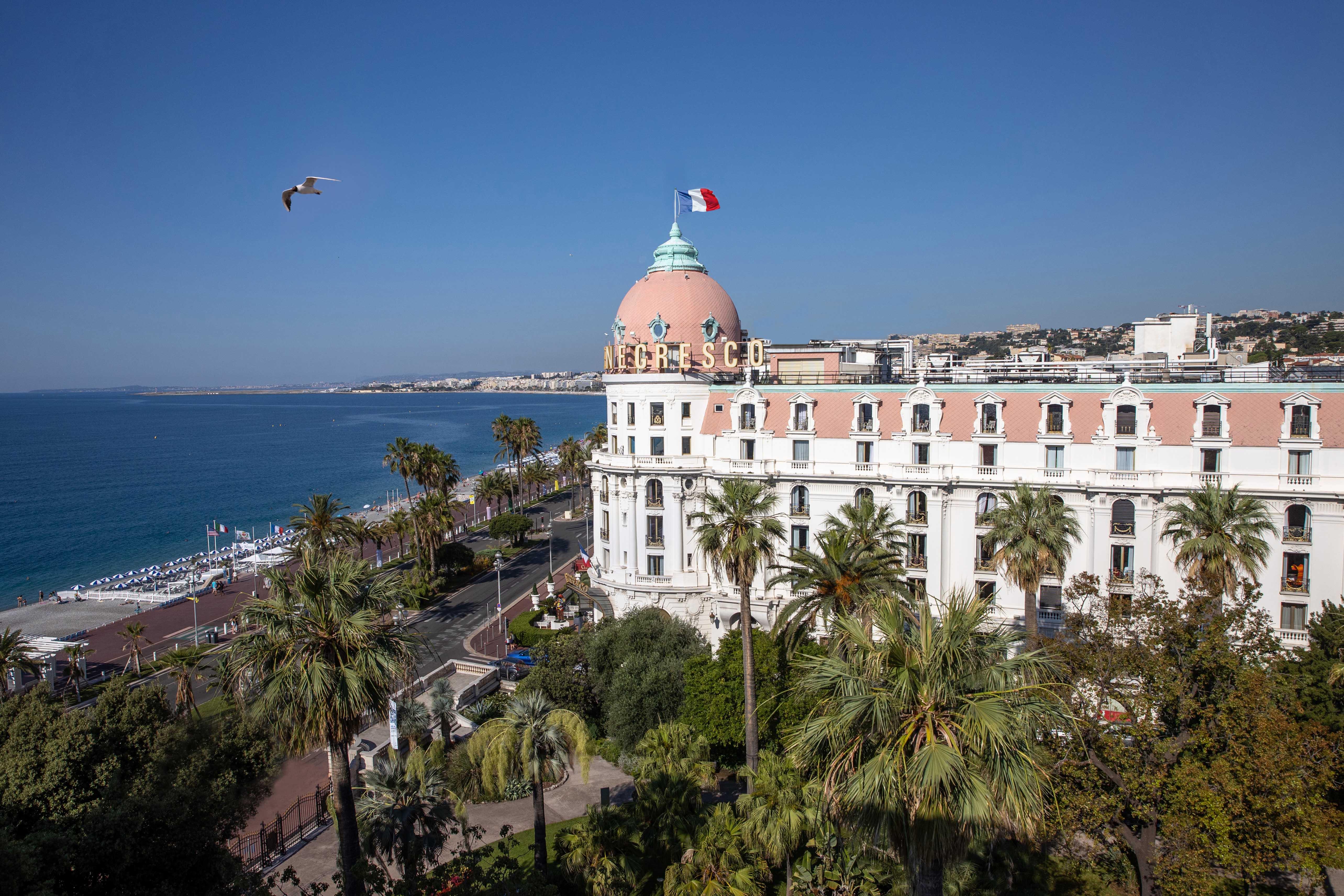 Hotel Le Negresco neoclassical facade and pink dome on the Promenade des Anglais Nice