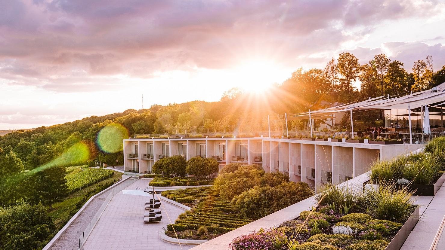 Royal Champagne Hotel & Spa modernist amphitheater overlooking Marne Valley vineyards in Champillon, France