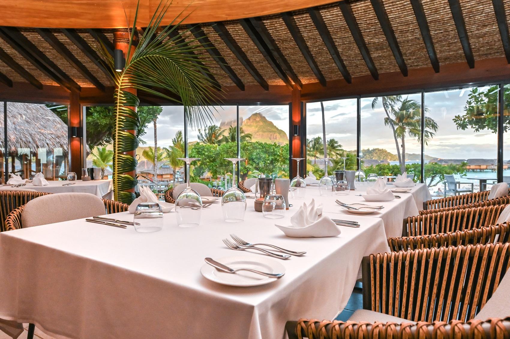 Otemanu Restaurant elevated dining room with Mount Otemanu lagoon views