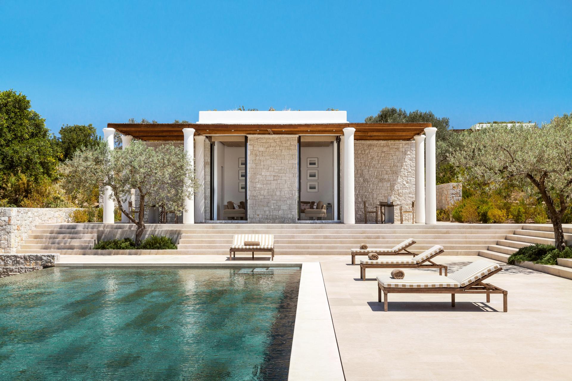 Aman Villa Expansive Terrace with Green Marble Pool Overlooking the Aegean