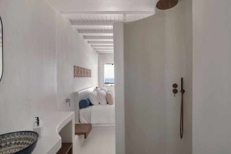 Light Suite contemporary Cycladic bedroom interior with handcrafted furnishings