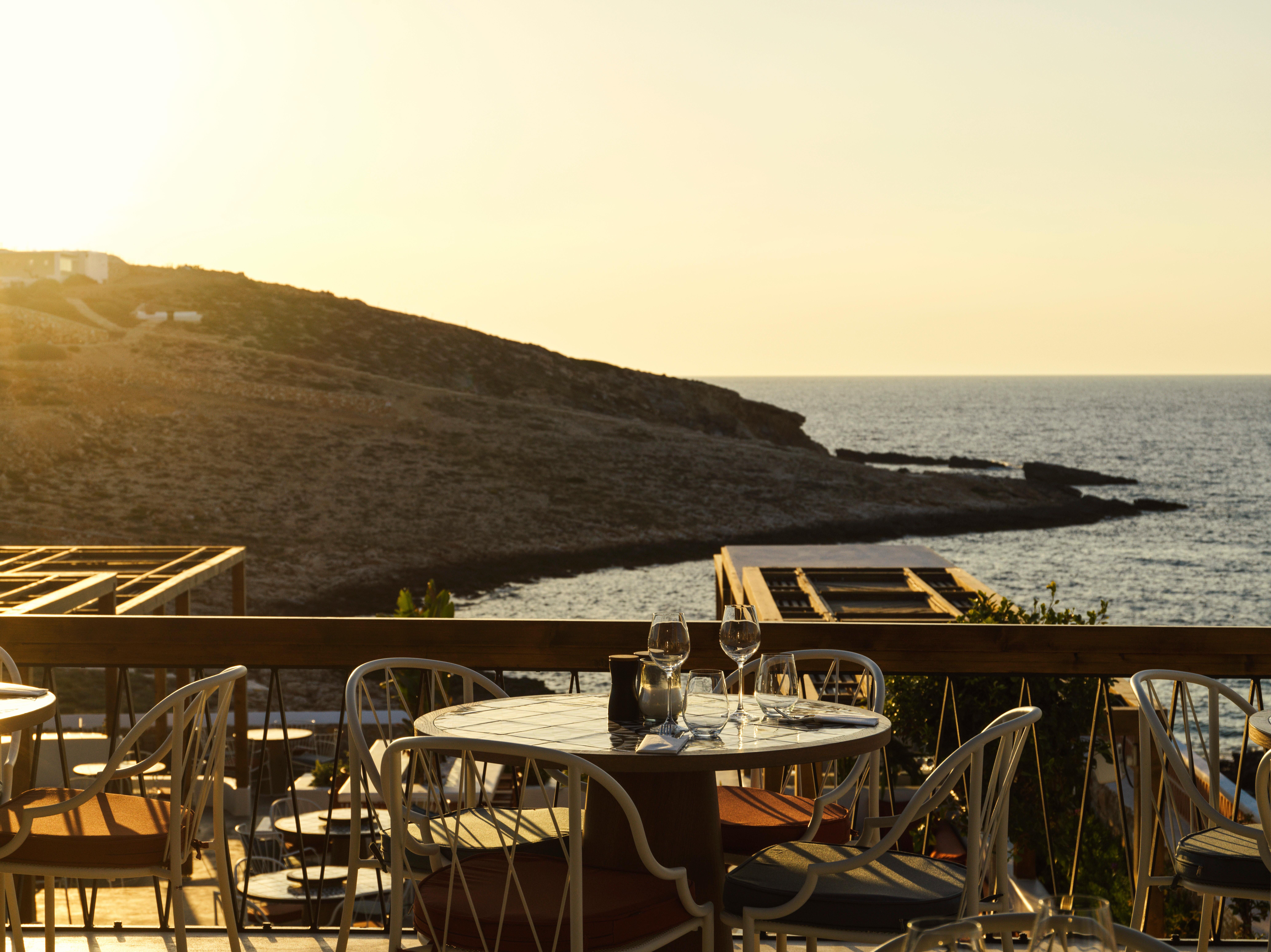 OLVO Restaurant open-air panoramic dining terrace overlooking the Aegean Sea