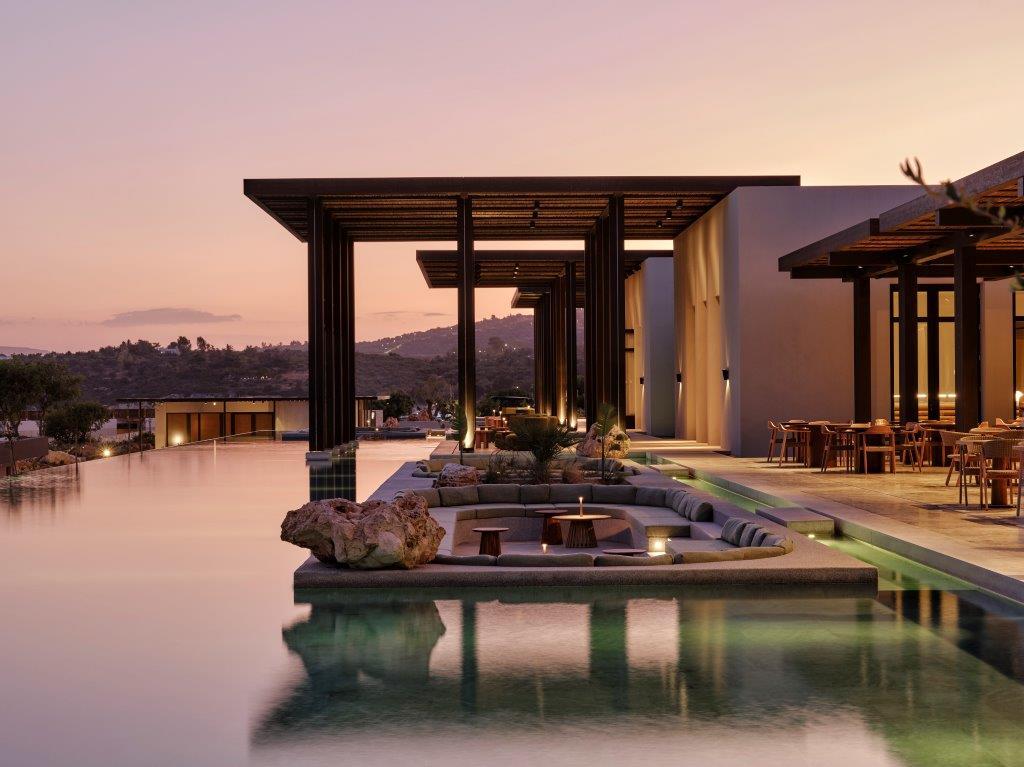 JW Marriott Crete Illuminated Pools and Architectural Facade at Dusk