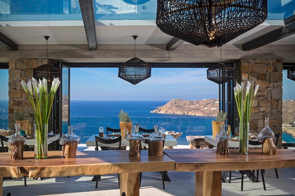 Pavilion Relais & Châteaux Restaurant Gourmet Table Setting with Panoramic Aegean Views