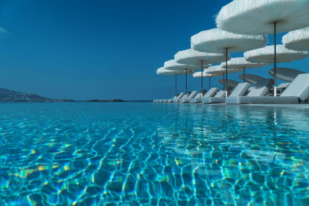 Mykonos Riviera Cascading Infinity Pool Overlooking Tourlos Marina and Aegean Sea