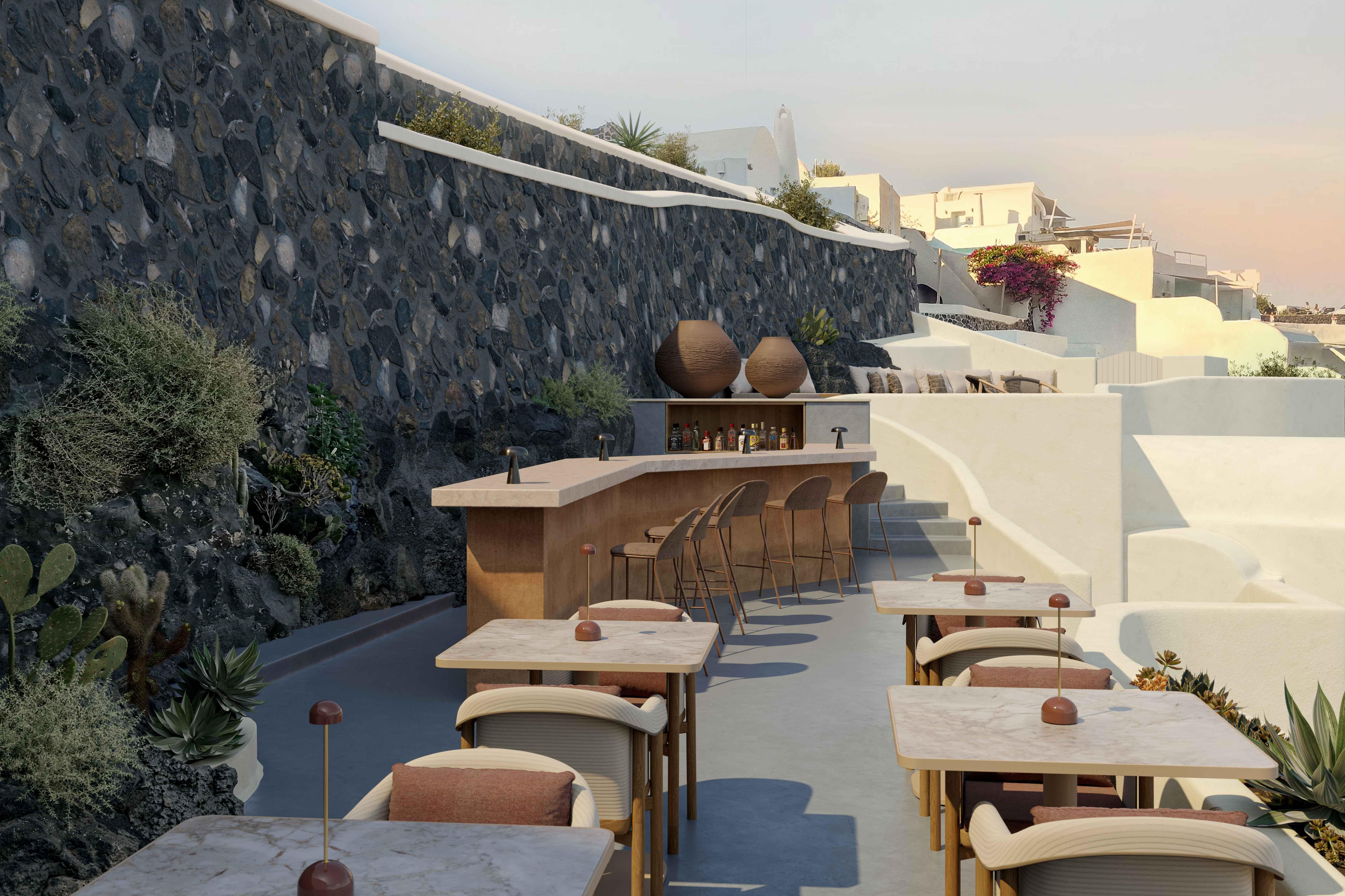 Lure by Olivier Campanha Outdoor Gourmet Veranda Framing Panoramic Aegean Caldera