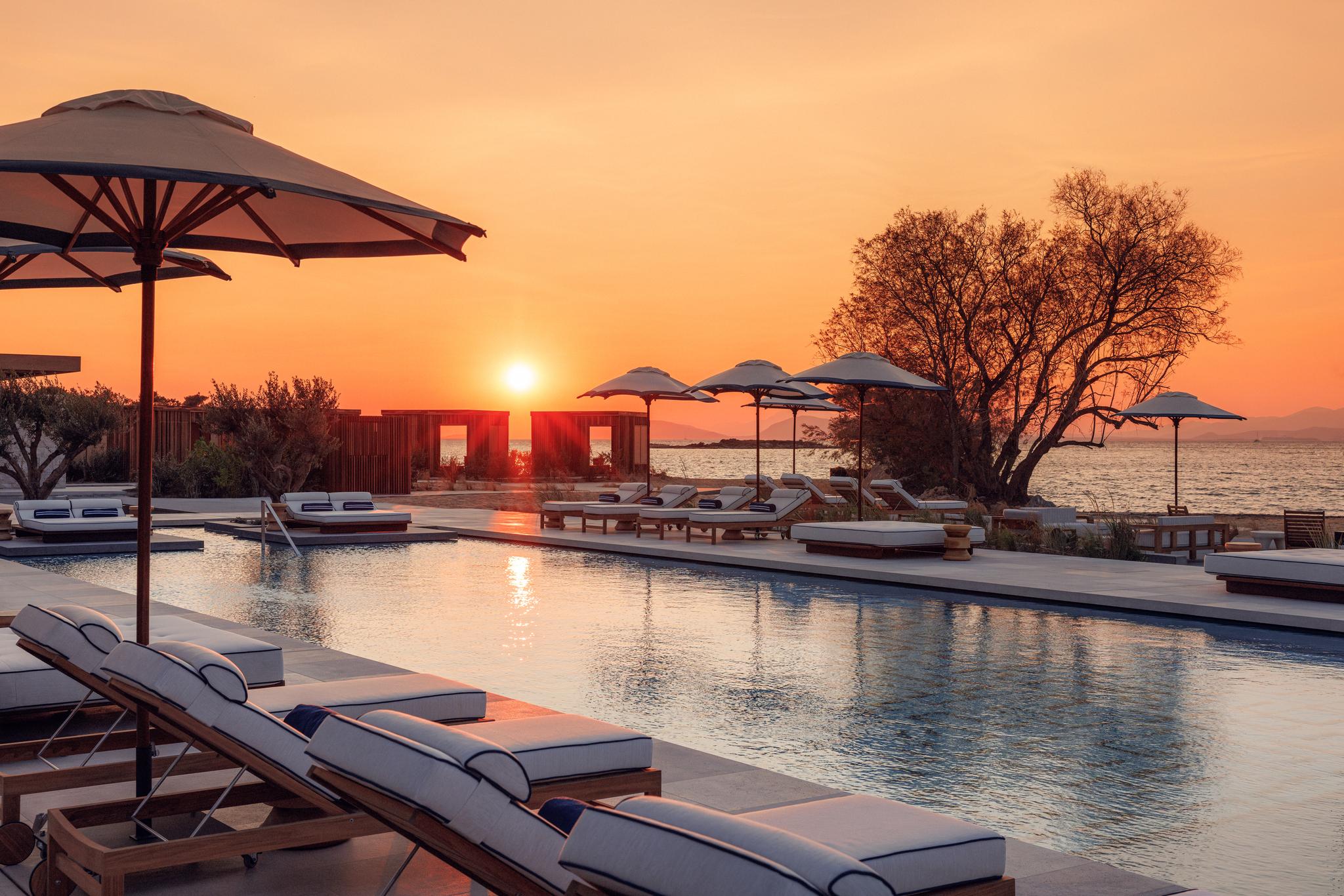 One&Only Aesthesis Main Swimming Pool and Shaded Cabanas Overlooking Saronic Gulf at Glyfada