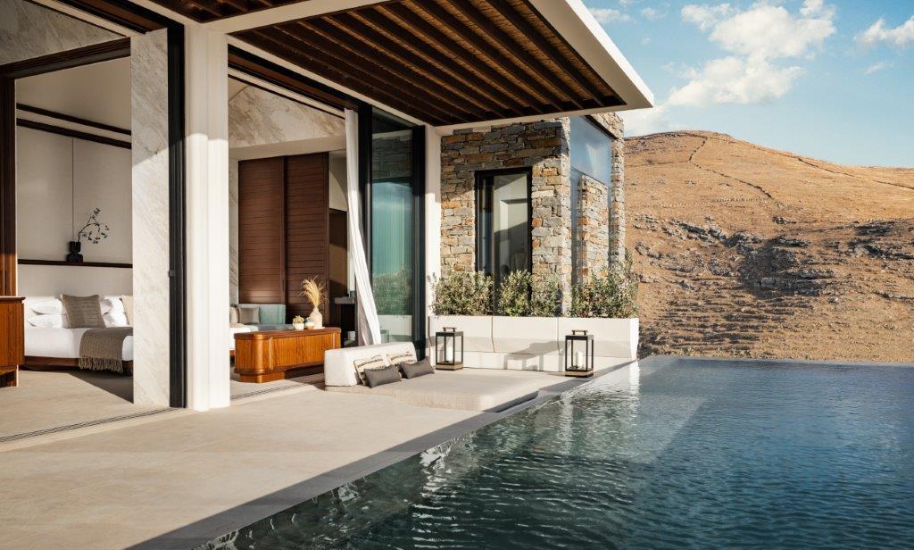 One&Only K&eacute;a Island Cliff Villa Private Swimming Pool and Shaded Daybed Terrace Facing Aegean Sea