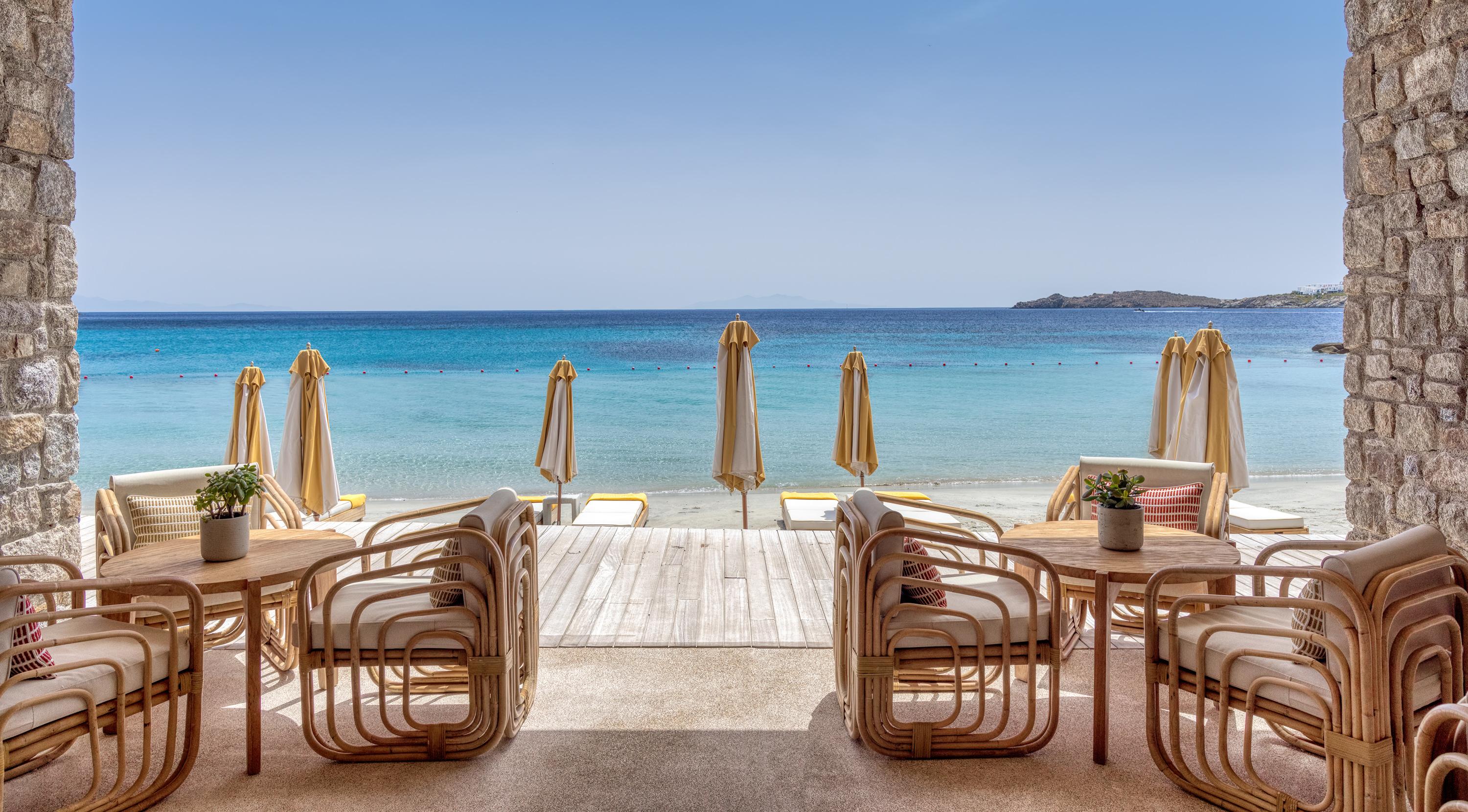 Santa Marina Mykonos Only Private Sandy Beach with Shaded Cabanas and Azure Waters