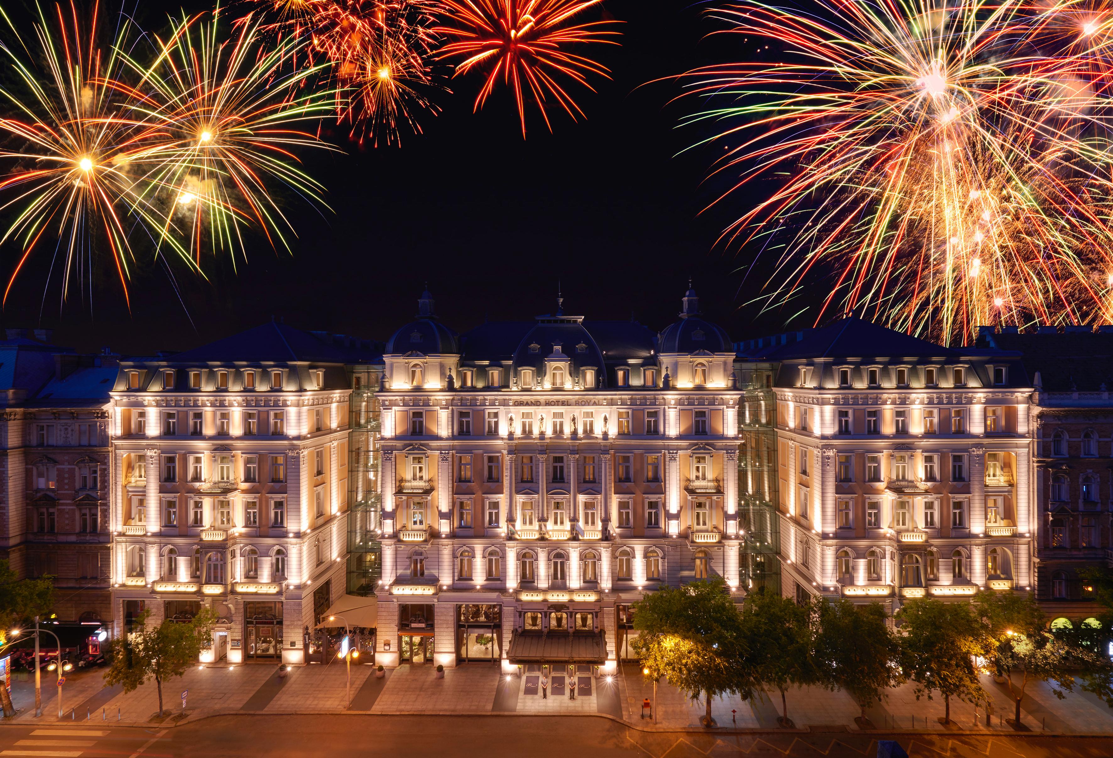 Corinthia Budapest Grand Boulevard Facade with Celebration Fireworks