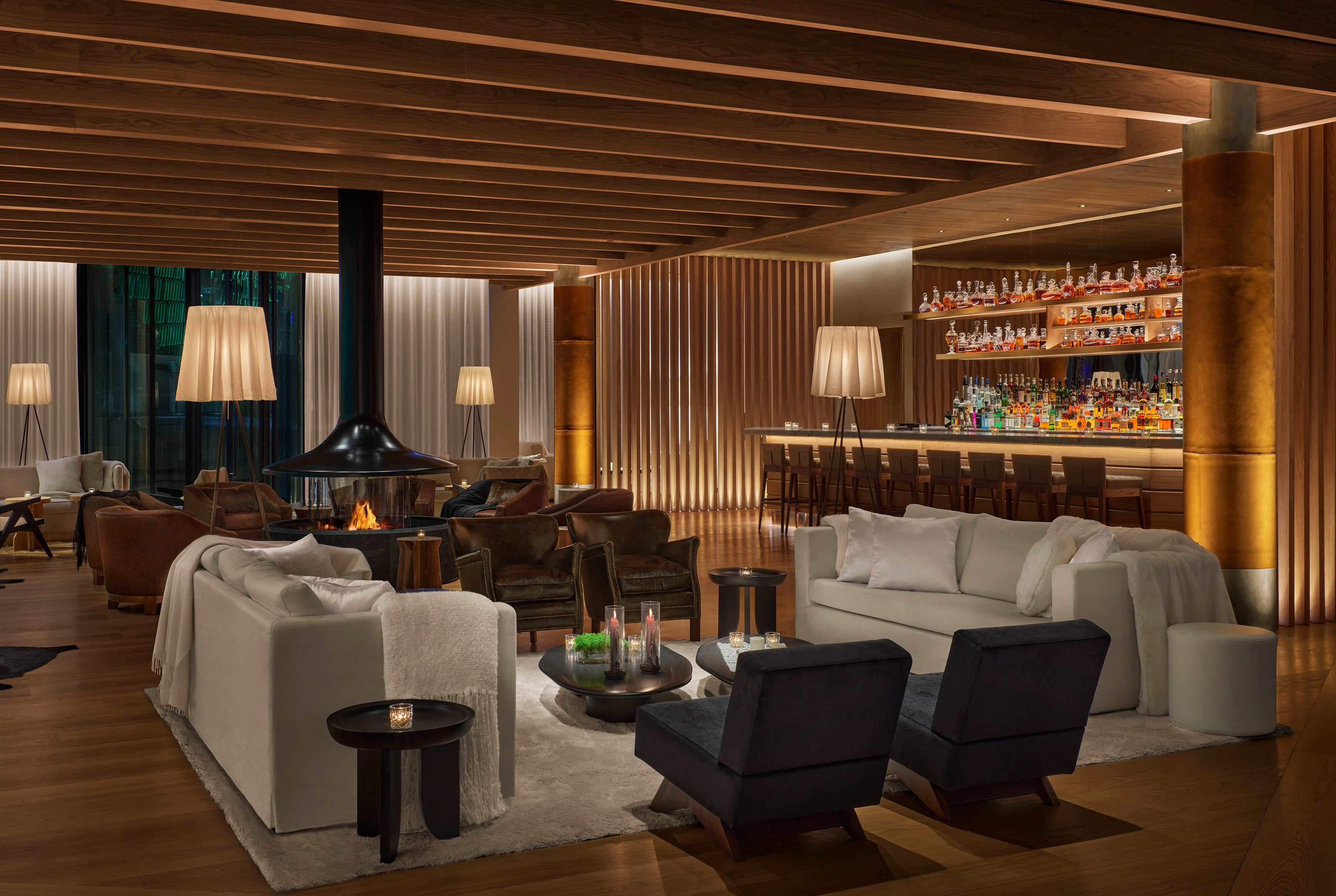 The Lobby Bar with Central Volcanic Fireplace Hearth