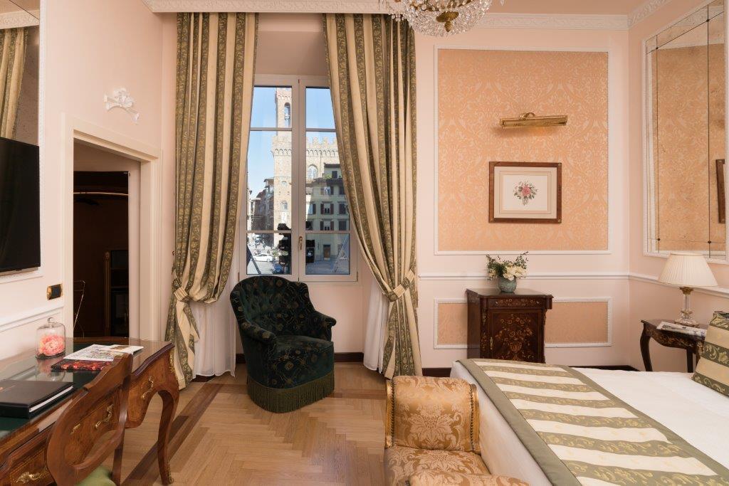 Grand Deluxe Room with Elegant Venetian & Florentine Textile Accents and Florence City Views