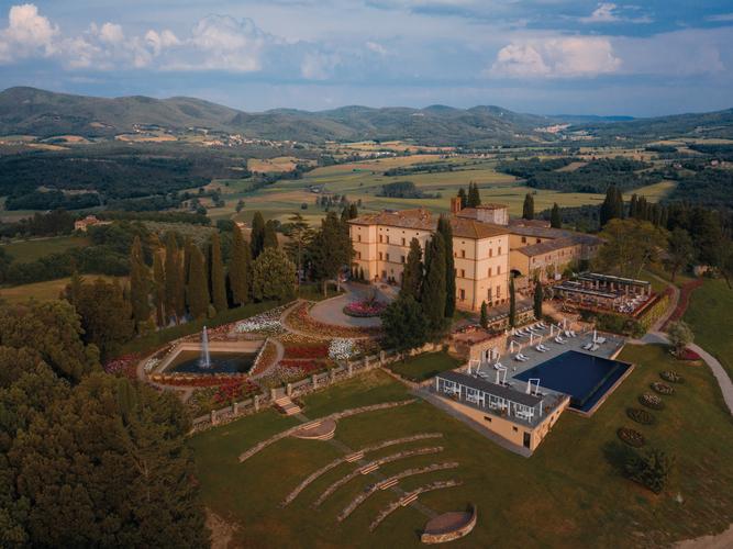 Panoramic Tuscan countryside and rolling hills of Castello di Casole estate