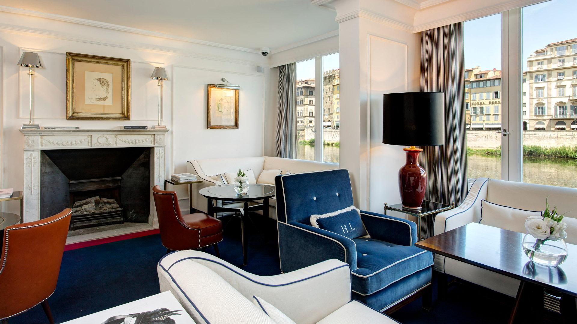 Art salon and fireside lounge with modern paintings