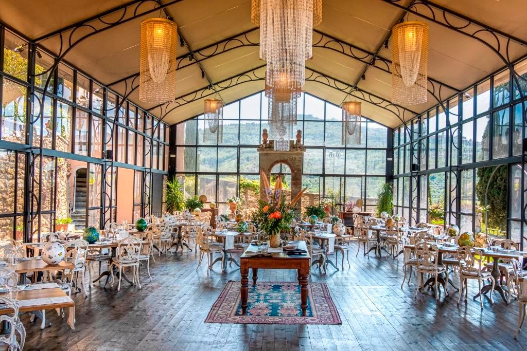 Michelin-starred Il Falconiere restaurant in the historic glass-walled Orangerie
