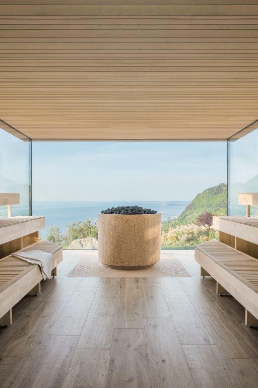 Adults-only panoramic glass sauna inside the 49,000 sq ft Lefay SPA