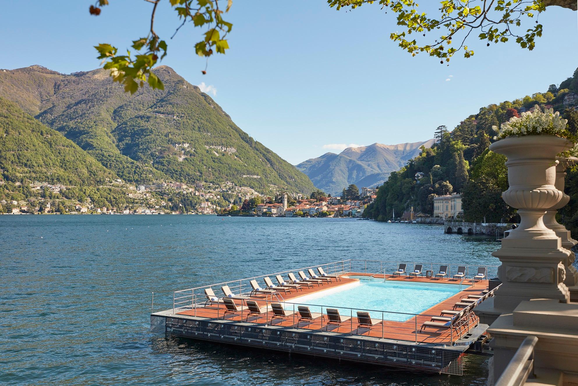 Iconic floating swimming pool on Lake Como at Mandarin Oriental