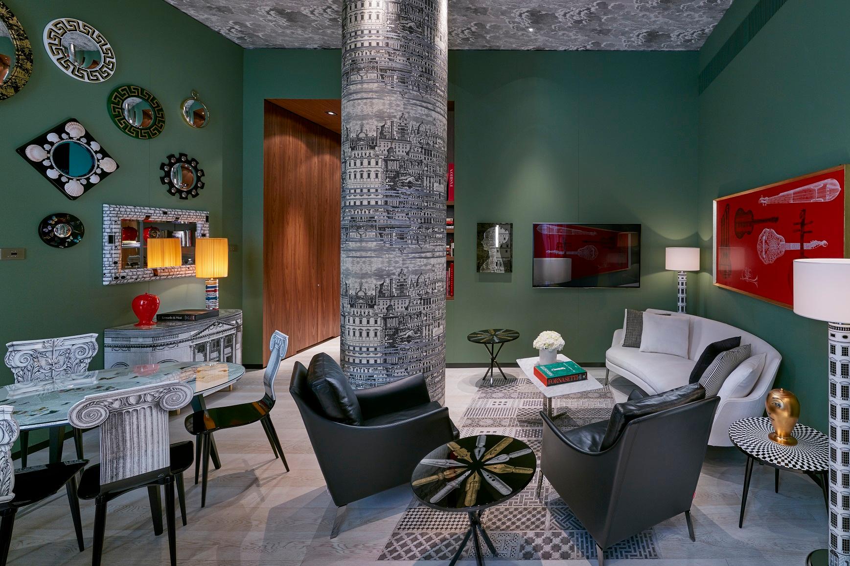 Iconic Fornasetti Suite living room celebrating Milanese design heritage