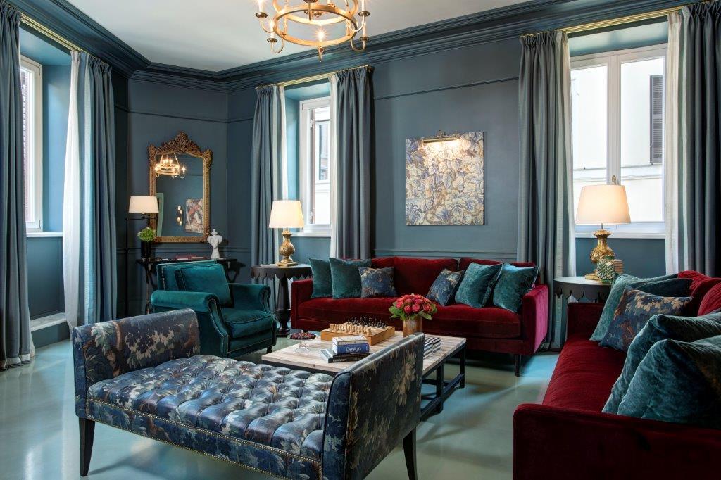 Grand living room salon with bespoke Tommaso Ziffer decor in the Bernini Apartment at Rocco Forte House Rome