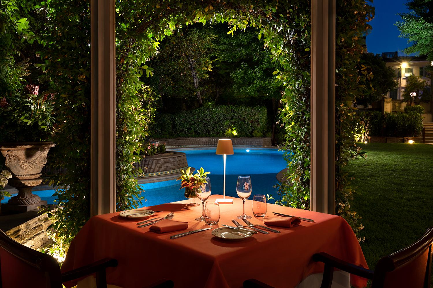 Harry's Bar The Garden dining table beside the pool