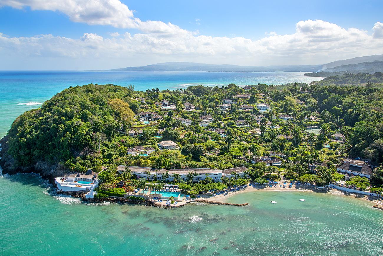 Round Hill Hotel and Villas aerial perspective on 110-acre private peninsula