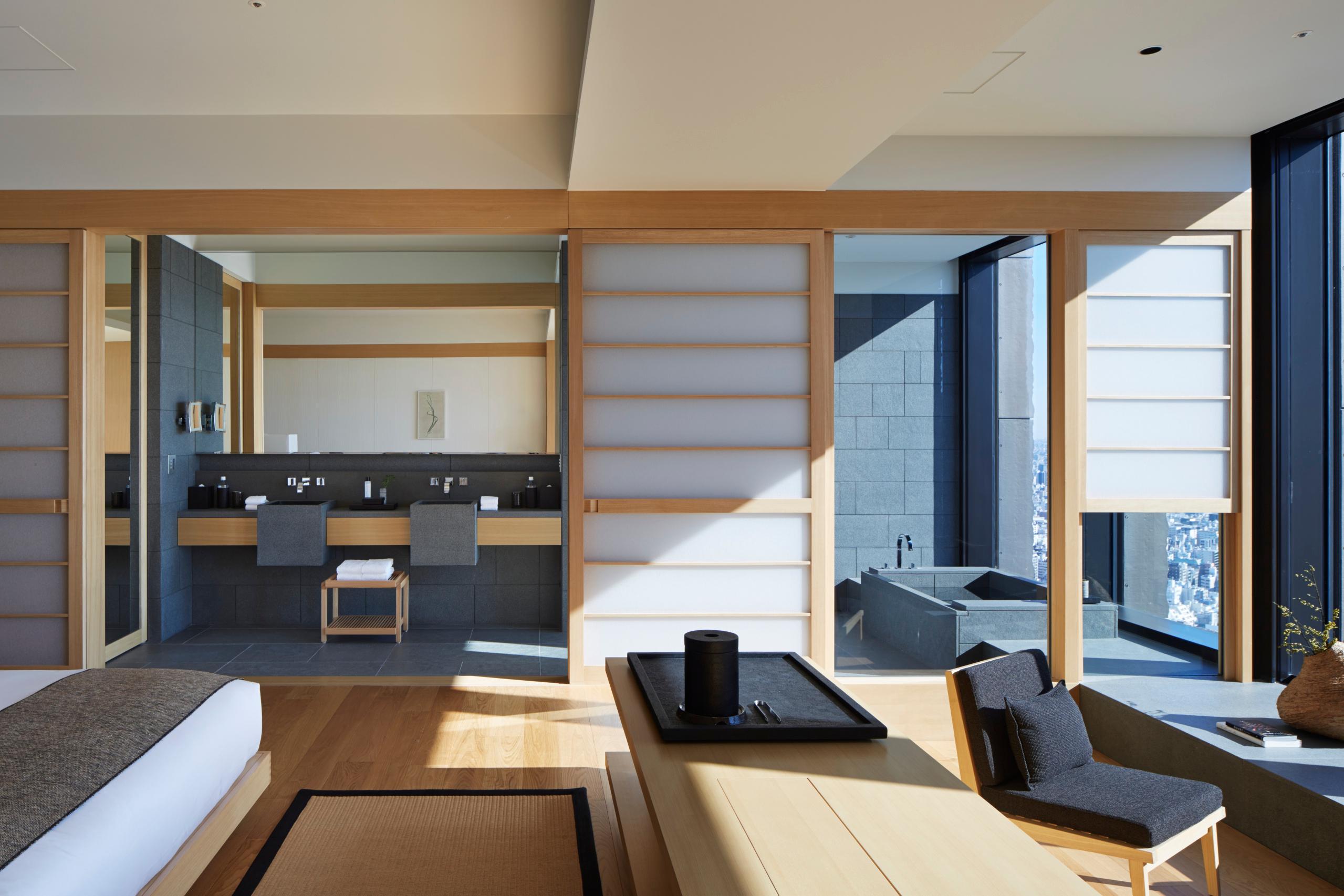 Granite Furo Soaking Tub Overlooking Tokyo Skyline and Imperial Palace