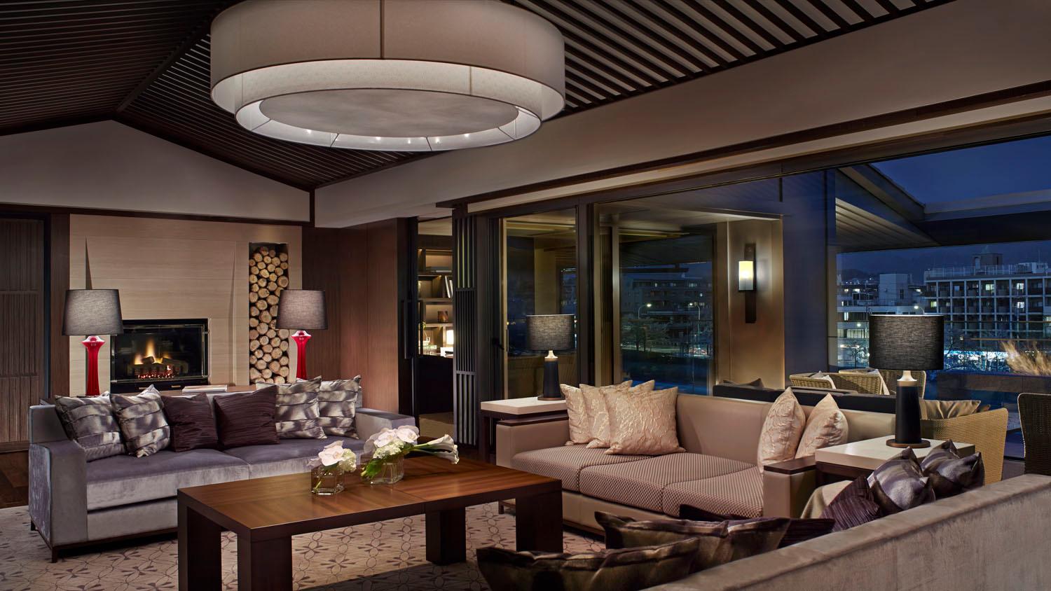 The Ritz-Carlton Suite Living Room with Fireplace and Panoramic Higashiyama Horizons