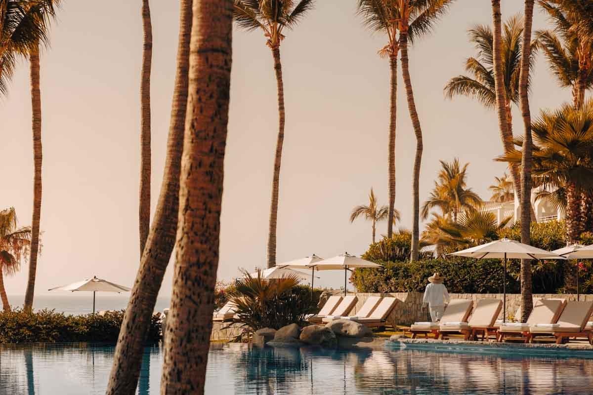 Agua infinity pool with plush sun loungers and palm trees overlooking the azure sea