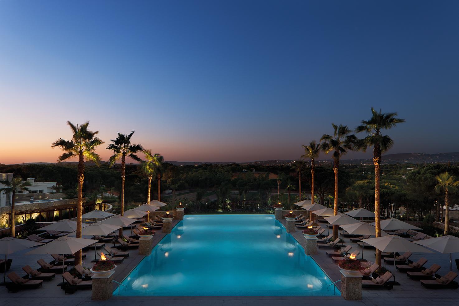 Sereno Heated Infinity Pool at Dusk with Underwater Sound System