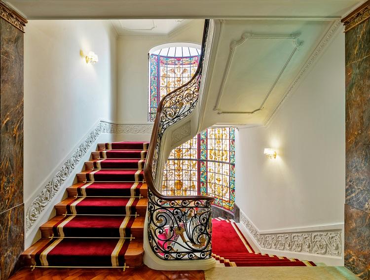 Monumental Historic Stained Glass Windows and Carved Wood Grand Staircase