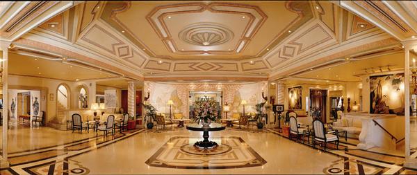 Neoclassical Lobby Salon with Ornate Molded Ceilings