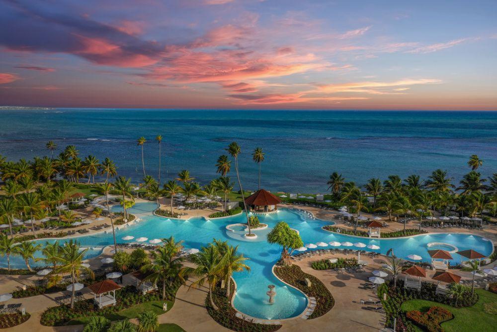 Hyatt Regency Grand Reserve Puerto Rico panoramic aerial view of sprawling lagoon pool, Coco Beach, and turquoise ocean