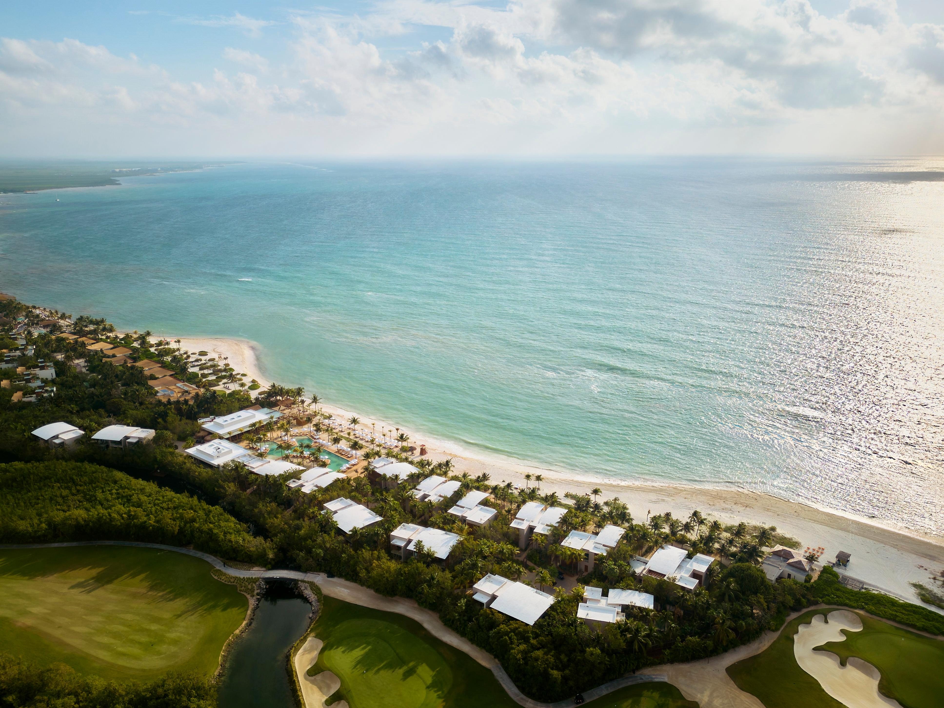 Aerial drone perspective of Alila Mayakoba white sand beach