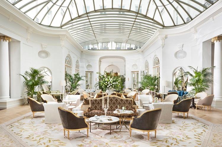 Palm Court afternoon tea lounge under glass canopy at Mandarin Oriental Ritz Madrid